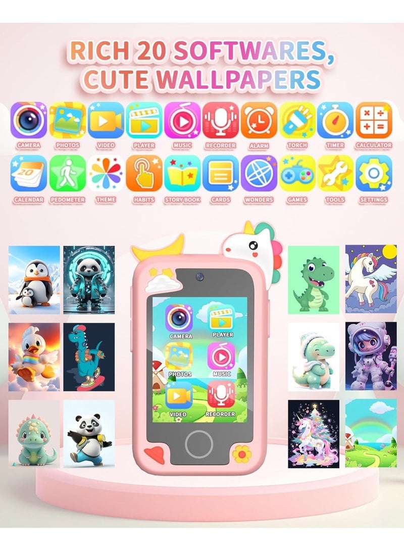 لعبة هاتف تعليمي بشاشة لمس للأولاد والبنات من 3 إلى 10 سنوات، شاشة 2.8 بوصة بكاميرتين مزدوجة، ألعاب تعليمية، مشغل موسيقى، تتضمن بطاقة ذاكرة 8 جيجابايت - وردي - Image 3